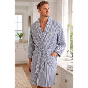 U.S. Polo Assn Cotton Robe S M Blue White Stripe Belted Lounge Robe